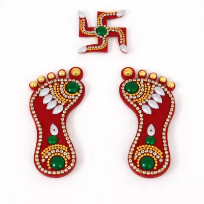 Acrylic Swastik & Lakshmi Charan Paduka Set | Decorative Pooja Entrance Stickers for Home & Festive Decor (Set of 3 | Size - 8 cm)