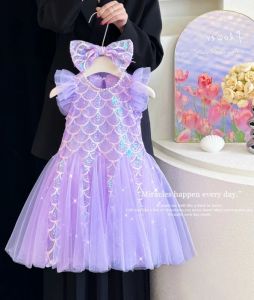New Summer Kids Girl Party Dresses Young Children Elegant Mesh Flare Sleeves Sequined Tank Top Round Collar Princess Skirt S30692026