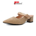 Perrieri Women Fashion Easy Slip-on & Glitter Heels Mules 63978 (Black/ Champagne). 