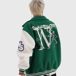 Áo Khoác Đồng Phục Bóng Chày Chặn Màu Mới Mùa Thu Cho Nam Và Nữ Áo Khoác Dáng Rộng Thường Ngày Cho Cặp Đôi Áo Khoác Màu Xanh Lá