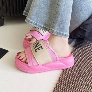 [Free Shipping] Unique Letter Print High-Heel Velcro Canvas Slippers for Women 2025 New Thick-Soled Height-Increasing Slide Sandals