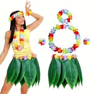 GYYT 5Pcs Simulation Leaf Hawaiian Luau Outfit Set Grass Skirt Hibiscus Wreaths  Beach Party Wear Party Accessories Hawaiian Garlands Complete Dance Outfit for Children Adults