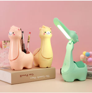 Cute Alpaca Desk Lamp LED Rechargeable Pen Holder Cartoon Table Lamp For Kids Study Bedroom Dormitory Bedside Reading Light Birthday Christmas Gift Kawaii Room Decor Student