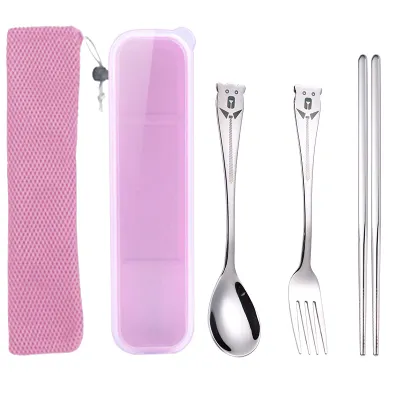 Three-Piece High Quality Travel Portable 304 Stainless Steel Cutlery Tableware Utensil Set Cute Bear Cutlery Set Kids Cutlery