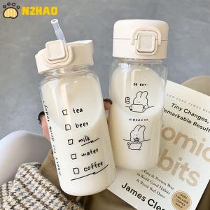 【N2HAO】 Cartoon Water Bottle With Straw Cute Plastic Drinking Bottle Portable Leak-proof Drinkware For Drinking Milk Coffee Tea