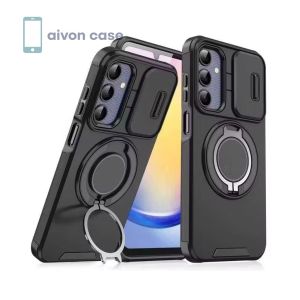 Case For Samsung S23 S23FE S23+ S23 Ultra Plus S24 S24FE S24+ S24 Ultra Plus A14 A15 A35 4G/5G With Ring Holder Built-in Slide Camera Lens Cover Shockproof Heavy Duty Rugged Case EC-206