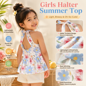 AILEBE Kids Top For Girls Sleeveless Halter Neck Tie-Back Summer Top Lightweight Breathable Quick Dry 100% Fabric Cute Fashionable Open Back OOTD Beach Pool Party Casual Girls Trendy Top