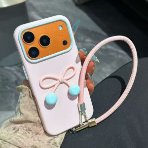 Macaron Two Tone Large Window 3D Cherry Bow Glossy TPU Phone Case With Matching Wrist Strap For iPhone 17 16 15 14 13 Pro Max