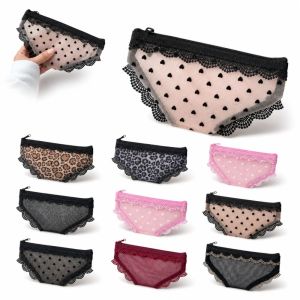 SHIRUI Briefs Shape Cosmetic Bag Mesh Lace Heart Makeup Storage Pouch Transparent Toiletry Bag Storage for Travel