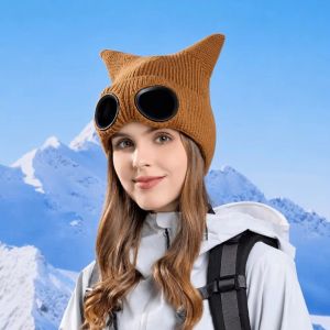 DAMONJ Wear-resistant Winter Glasses Caps Windproof Removable Glasses Knitted Hat Cute Thickened Warm Ski  Hats Men