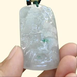 High Quality Good Translucent Light Green with Green Patches Crafted with Scenery Natural Type A Jadeite Jade as Pendant certificate weighs 26.66 grams measurement 48.1 * 28 * 11.8 (pendant313)