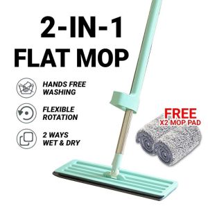 Mop Lantai flat 免手洗平板拖把  Rotation Flat Mop Free Hand Washing Lazy Mop Floor Cleaning Microfiber Squeeze