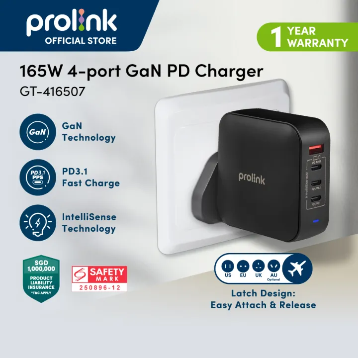 [SIRIM✔] Prolink 165W 4-Port GaN Charger | Travel Adapter compatible for Laptop/Phone/Tablet/Powerbank/Type C Premium Black Charger Series - GT416507
