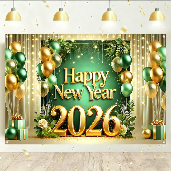 5x3ft Green 2026 Happy new year Backdrop Banner Gold Glitter Balloon