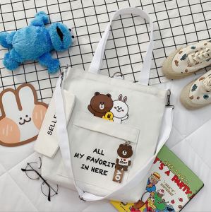 【Local Seller】Canvas Line INS New Design Shoulder Tote Crossbody Bag Women Canvas Bag Hot Trendy Design Bag Students School College Bag