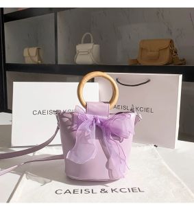 19Inch Fashion Big Bow Yellow Color Textured Leather Bucket Bag Women Wooden Hand-held Handbag Lady Purse Shoulder Messenger Bag