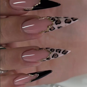 24Pcs Leopard Press On Nail French Tip Glossy Stick on Nail Acrylic Long False Nail Full Cover Artificial Nail