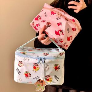 BAIXL Large Capacity Crayon Shin-Chan Cosmetic Bag Thickened Nylon Anime Storage Handbag Soft Kawaii Make Up Pouch Bag Girls