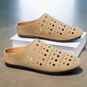 Summer MenS Shoes Niche Hollow-Out Slip-On Mules MenS Outdoor Flat Lazy Shoes Slip-On Closed-Toe Half-Slippers Trendy Shoes