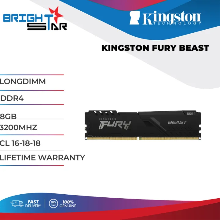 KINGSTON Fury Beast 8GB(Single) 3200MHz DDR4 LongDimm CL 16-18-18 PC Ram - Black - Lifetime Warranty - KF432C16BB/8