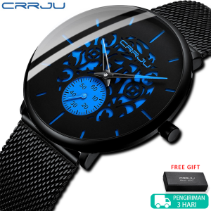 CRRJU Jam Tangan Pria 2022 Fashion Tahan Air Ultra Tipis Mesh Strap Jam Tangan Retro Hollow Bunga Keren Kasual Biru(2150B)