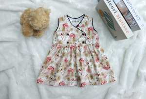 NEVERLAND ชุดเด็กผู้หญิง แบบไขว้ แขนกุด กระดุมเปิดด้านหน้า ผ้า Cotton 100% ลายดอกสีชมพู