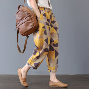 100% Cotton Pants Women Retro Loose Cropped Womens Printed Casual Pants New Summer Thin Womens Pants