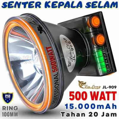 Senter Kepala Selam Anti Air ASLI Daya Besar 500 Watt Super Terang Tahan 20Jam Baterai Lithium 15000mAh Bonus Kacamata Selam+Tripod+Lensa Kuning+Charger+Strap JINLONG JL-232 / 909 / 132 | Headlamp Anti Air + Casan USB Headlamp Super Bright Tahan Lama
