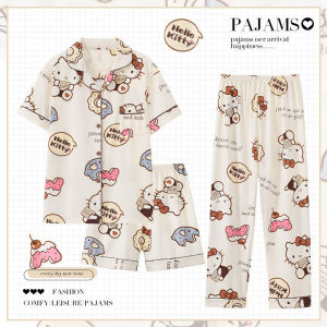 3Pcs Hello Kitty Womens Pajamas Set Home Clothes Sanrios Anime Summer Girls T-Shirt Pants Student Cute Fashion Casual Pajamas