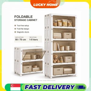 【Lucky Home】 Foldable Storage Cabinet with Clear Magnetic Doors Stackable Organizer 50cm 70cm for Living Room Bedroom