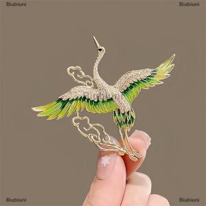 [COD] Biubiuni Trung Quốc Phong Cách Thanh Lịch Rhinestone Màu Xanh Lá Cây Men Cánh Crane Đám Mây Trâm Cài Cho Phụ Nữ Cô Gái Bay Chim Ve Áo Pins Đảng Đồ Trang Sức