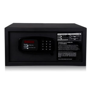 Black electronic safe with digital keypad and red display. Fits home or office use. Scene: secure storage for valuables.
