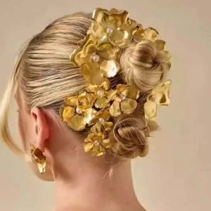 DSFIF 5pcs Retro Golden Flower Hair Forks Elegant Hairstyle Tools Pearl Side Clips Hairpins Hair Accessories Wave Alloy Barrettes Girls