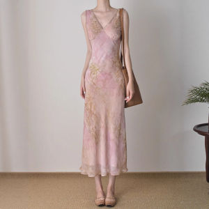 2026 New Summer Women Vacation Style Waist Slim Elegant French Pink Neck Floral Print Midi Dress