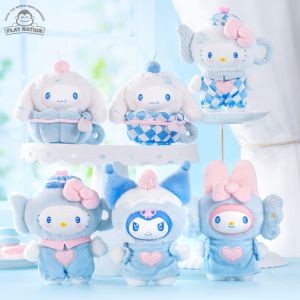 SANRIO characters Blue Flutter Series Plush Relaxing Toy with heart designs and bows in pastel blue and pink.