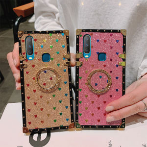 For OPPO A7/OPPO A5S/OPPO A12/OPPO A11K Luxury Square Fashion Small Love Heart Sparkling Soft TPU Phone Case All-inclusive Frame Shockproof And Drop-proof+Diamond Bracket