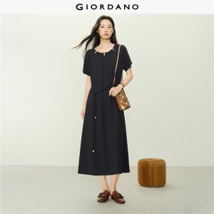 Giordano Women Beaded keyholes round neck tie waist dress Free Shipping 18466316