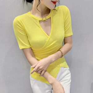 REHIN Womens top cross-collar soild color short sleeve T-shirt S-3XL summer fashion Slim European style blouse
