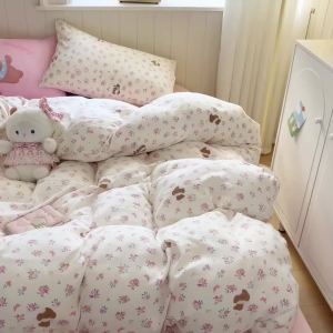 ins Pastoral Floral Washed Cotton Duvet Cover Bedding Set Four-Piece Student Dormitory Fresh Pink Bed Sheet Three-Piece Set LZD