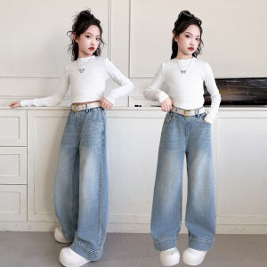 Jeans for Kids Girls Wide Leg Trousers  Denim Jeans Loose Pants Fashion Pocket Rivets Korean Trousers Loose Jeans Straight Leg Denim Jeans for Kids Girls