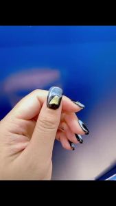 100% HANDMADE Artificial Nail Short Square Shape Dark smudged nails graffiti hand-painted gold foil nails Phototpy Press on Nails Reusable and Removable Nails with Toolkit