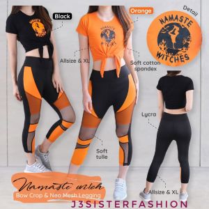 SET SETELAN SENAM CROP LEGGING BAJU YOGA ZUMBA AEROBIK FITNESS GYM BAJU SENAM ORANGE HITAM skeleton tulle