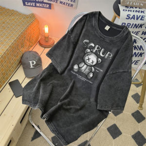 Vintage Washed Old Black Fashion Brand Short Sleeve T-shirt Funny Printed Loose Top