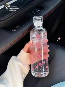 500ml Bow Pattern Water Bottle with Straw Large Capacity Plastic Tumbler Heat Resistant Portable Drinking Cup for Juice Milk Coffee Cute Reusable Cup for Women Girls Students Home Office School Travel BPA Free