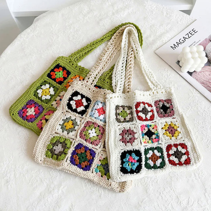 New Handmade Crochet Weaving Grandmother Grid Shoulder Bag Summer