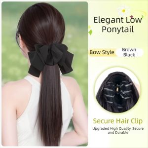 ERYRG Korean Style Bow Straight Ponytail Clip on Synthetic Pony Tail Hair Piece Elegant Natural Long Claw Clip Wig for Women
