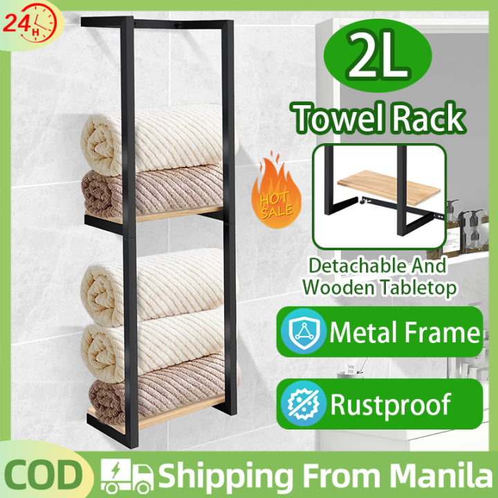 Layer Wall Mounted Towel Rack Metal Storage Rack With Wooden