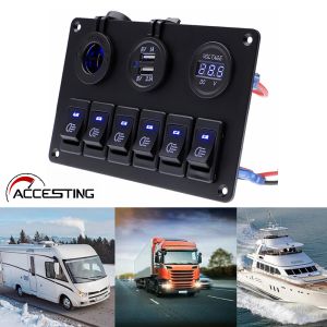 🚚แผงสวิตช์ 6 ปุ่ม เบรกเกอร์วงจรสำหรับเรืออัตโนมัติ เรือเดินทะเล แผงควบคุมสวิตช์โยก LED กันน้ำ 12/24V