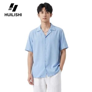 HUILISHI Cuban collar shirt mens short-sleeved 7-color summer trend tide brand high-end thin section loose casual drape ice silk shirt