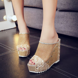 Peep Toe Breathable Mesh High Heel Slippers European and American Fashionable Golden Silver Wedge Hole Shoes Summer Daily Womens Shoes